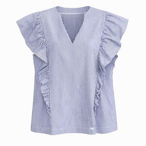 Brooke Wright Blue White Stripe Ruffle Blouse Cotton Poplin Size S